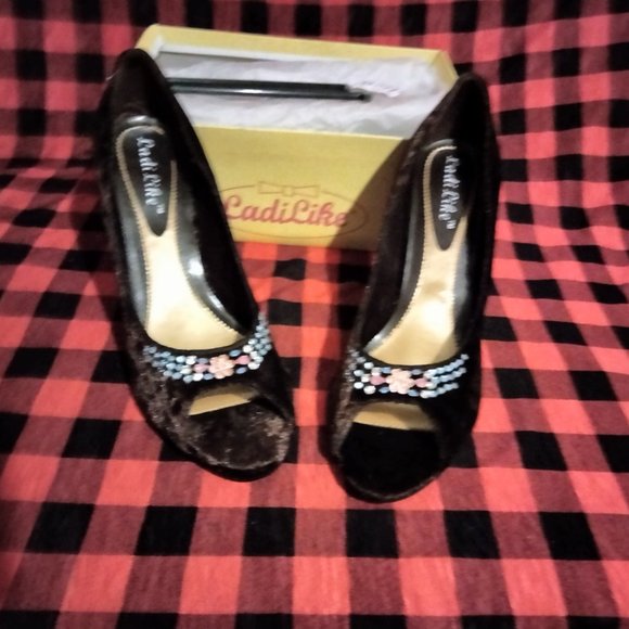 LADILIKE Women High Heels Shoes Velvet Rhinestone Open Toe Brown Size 9 - Picture 2 of 6